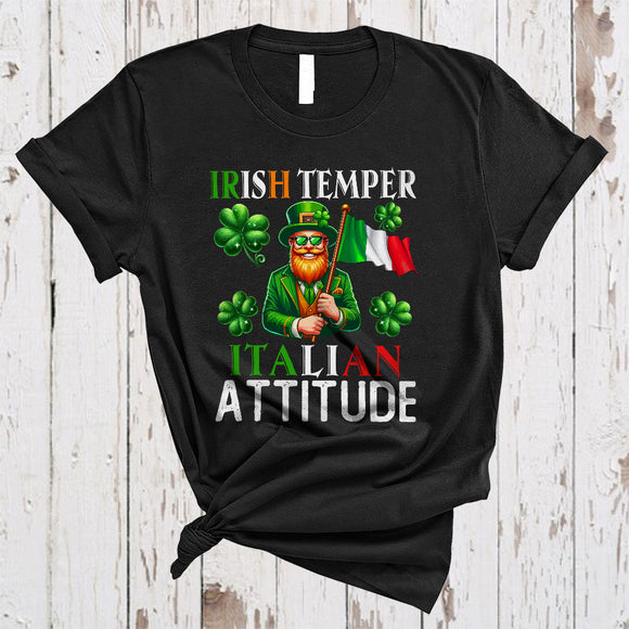 MacnyStore - Irish Temper Italian Attitude, Funny St. Patrick's Day Leprechaun, Proud Italian Team Group T-Shirt