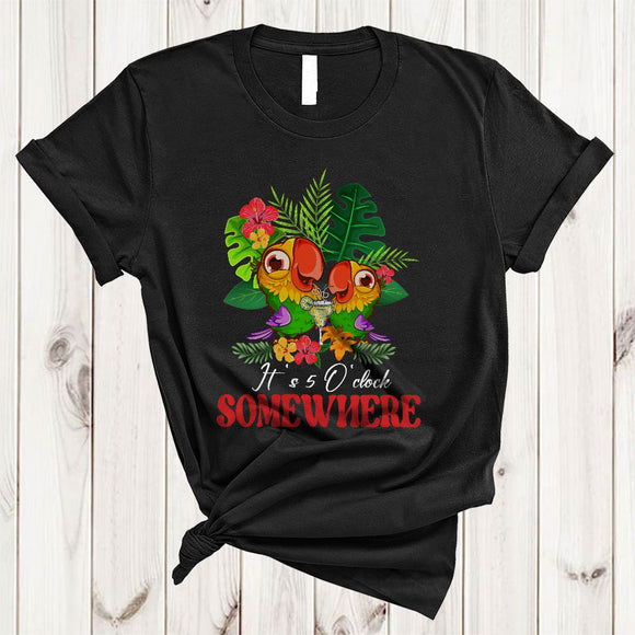 MacnyStore - It's 5 O'clock Somewhere Joyful Floral Summer Vacation Couple Parrots Drinking Margarita Lover T-Shirt