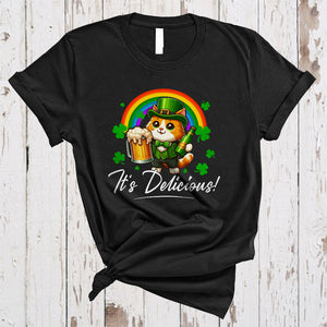 MacnyStore - It's Delicious, Adorable St. Patrick's Day Cat Drinking Beer, Lucky Shamrock Rainbow Lover T-Shirt