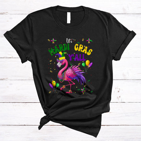 MacnyStore - It's Mardi Gras Y'all, Adorable Mardi Gras Flamingo Lover, Mask Beads Matching Parade Group T-Shirt