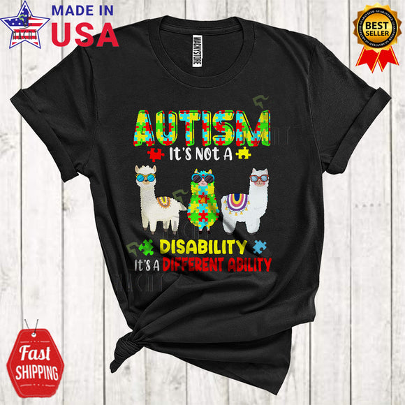 MacnyStore - It's Not A Disability It's A Different Ability Funny Cool Autism Awareness Puzzle Three Llamas Lover T-Shirt