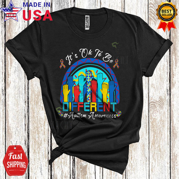 MacnyStore - It's Ok To Be Different Autism Awareness Cool Cute Autism Puzzle Hands Rainbow Lover T-Shirt