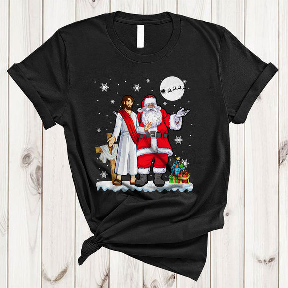 MacnyStore - Jesus And Santa As Friends, Funny Cute Christmas Snow Around Moon, X-mas Santa Family T-Shirt
