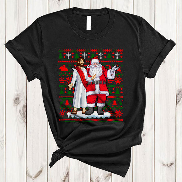 MacnyStore - Jesus And Santa As Friends, Funny Cute Christmas Sweater Jesus, X-mas Santa Family Group T-Shirt