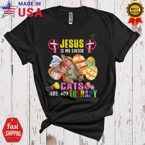 MacnyStore - Jesus Is My Savior Cats Are My Therapy Funny Cool Easter Christian Family Bunny Egg Hunt Group T-Shirt