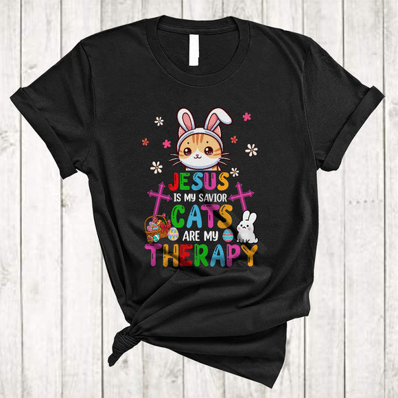 MacnyStore - Jesus Is My Savior Cats Are My Therapy, Awesome Easter Bunny Cat Owner, Family Group T-Shirt