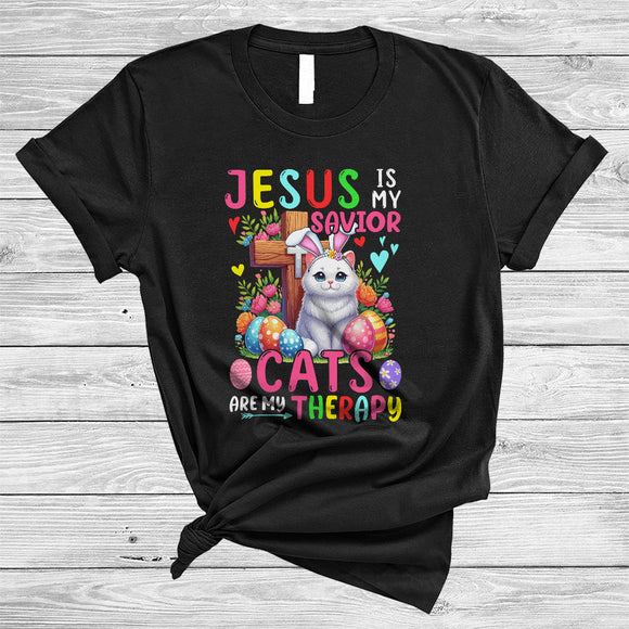MacnyStore - Jesus Is My Savior Cats Are My Therapy, Lovely Easter Eggs Flowers, Family Group T-Shirt