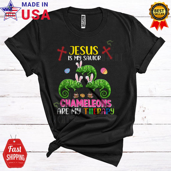 MacnyStore - Jesus Is My Savior Chameleons Are My Therapy Funny Happy Easter Three Bunny Chameleons Christian T-Shirt