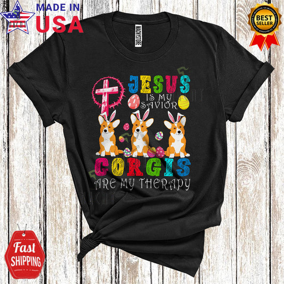 MacnyStore - Jesus Is My Savior Corgis Are My Therapy Funny Cool Easter Eggs Christian Cross Lover T-Shirt