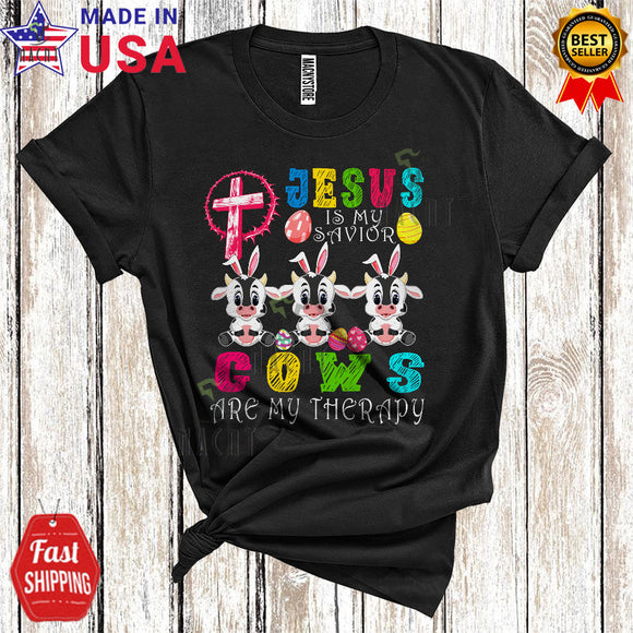 MacnyStore - Jesus Is My Savior Cows Are My Therapy Funny Cool Easter Eggs Christian Cross Farmer Lover T-Shirt