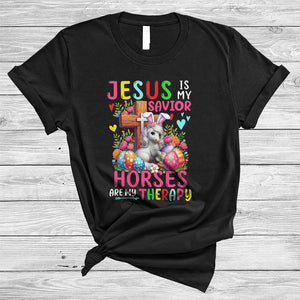 MacnyStore - Jesus Is My Savior Horses Are My Therapy, Lovely Easter Eggs Flowers, Farmer Family Group T-Shirt