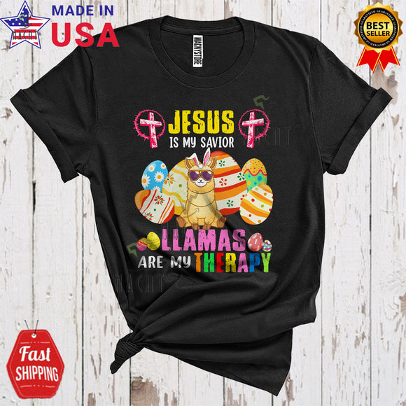 MacnyStore - Jesus Is My Savior Llamas Are My Therapy Funny Cool Easter Christian Family Bunny Egg Hunt Farmer T-Shirt