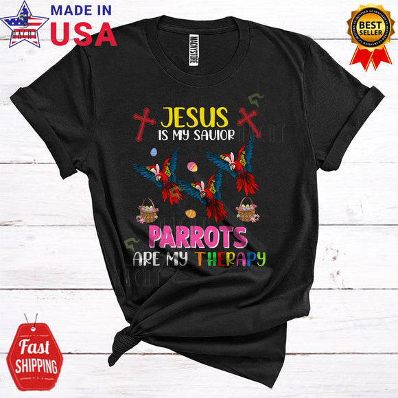 MacnyStore - Jesus Is My Savior Parrots Are My Therapy Funny Happy Easter Three Bunny Parrot Birds Christian T-Shirt