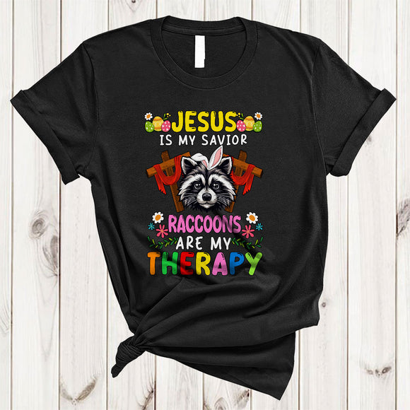 MacnyStore - Jesus Is My Savior Raccoons Are My Therapy, Awesome Easter Flowers Bunny, Egg Hunt Family T-Shirt