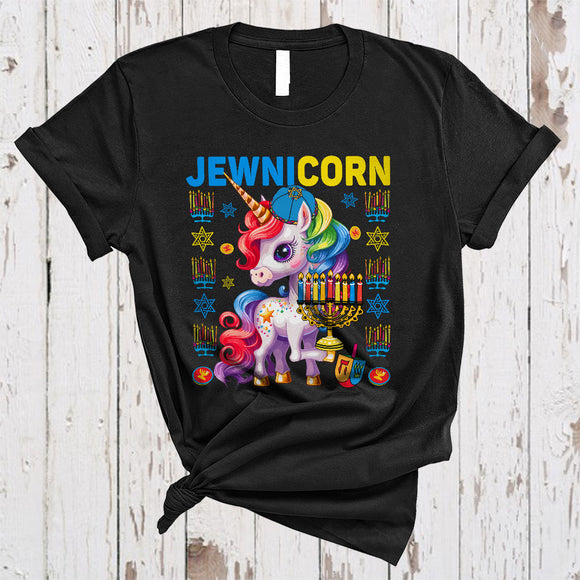 MacnyStore - Jewnicorn Cute Colorful Hanukkah Sweater Chanukah Proud Jewish Unicorn With Menorah Lover T-Shirt