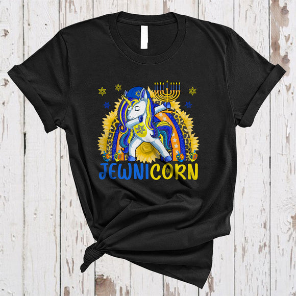 MacnyStore - Jewnicorn, Adorable Hanukkah Rainbow Dabbing Unicorn, Chanukah Menorah Sunflower T-Shirt