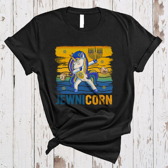 MacnyStore - Jewnicorn, Adorable Vintage Hanukkah Dabbing Unicorn, Chanukah Menorah Dreidel Lover T-Shirt