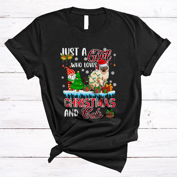 MacnyStore - Just A Girl Loves Christmas And Cats, Cute Red Plaid X-mas Snow Around, Animal Kitten Lover T-Shirt