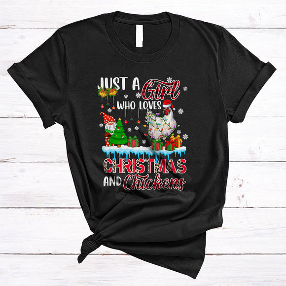 MacnyStore - Just A Girl Loves Christmas And Chicken, Cute Red Plaid X-mas Snow Around, Farm Farmer T-Shirt