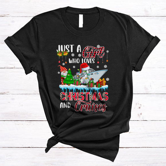 MacnyStore - Just A Girl Loves Christmas And Cruises, Cute Red Plaid X-mas Snow Around, Cruise Sailing Lover T-Shirt