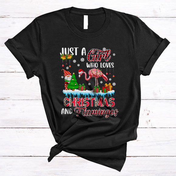 MacnyStore - Just A Girl Loves Christmas And Flamingos, Cute Red Plaid X-mas Snow Around, Flamingo Lover T-Shirt