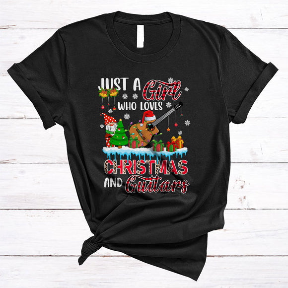 MacnyStore - Just A Girl Loves Christmas And Guitars, Cute Red Plaid X-mas Snow Around, Guitar Player Guitarist T-Shirt