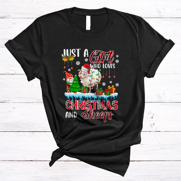 MacnyStore - Just A Girl Loves Christmas And Sheeps, Cute Red Plaid X-mas Snow Around, Farm Farmer T-Shirt