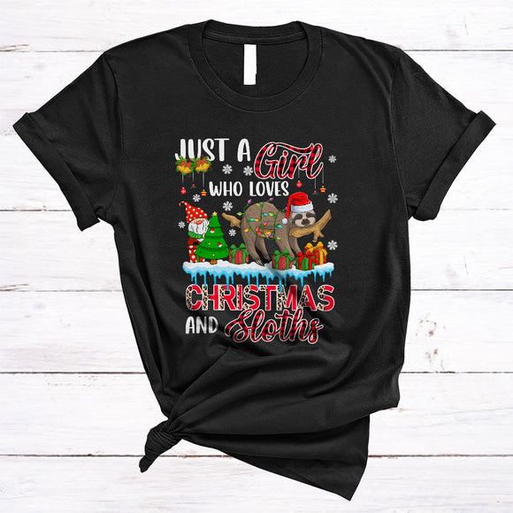 MacnyStore - Just A Girl Loves Christmas And Sloths, Cute Red Plaid X-mas Snow Around, Animal Lover T-Shirt
