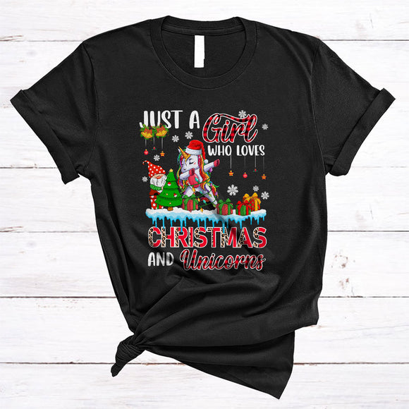 MacnyStore - Just A Girl Loves Christmas And Unicorns, Cute Red Plaid X-mas Snow Around, Unicorn Lover T-Shirt