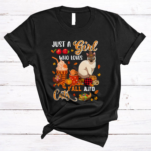 MacnyStore - Just A Girl Loves Fall And Cats, Awesome Thanksgiving Pumpkin Plaid, Fall Leaf Animal T-Shirt