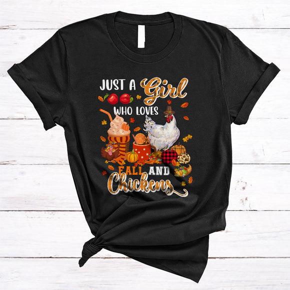 MacnyStore - Just A Girl Loves Fall And Chickens, Awesome Thanksgiving Pumpkin Plaid, Fall Leaf Animal T-Shirt