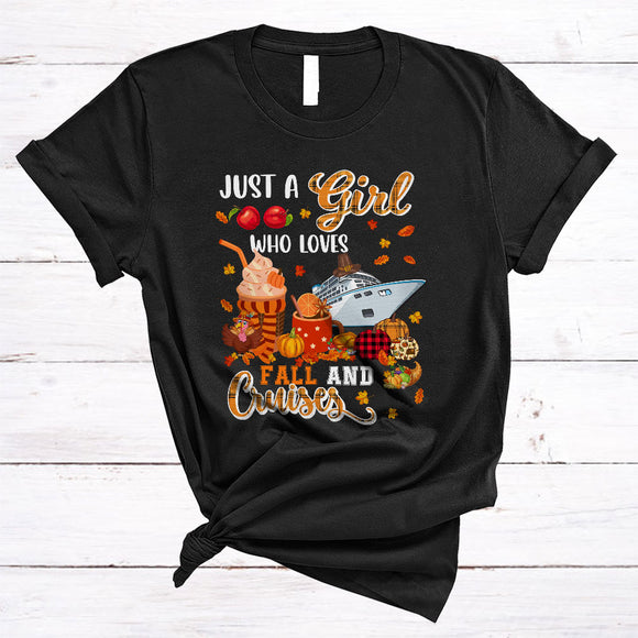 MacnyStore - Just A Girl Loves Fall And Cruises, Awesome Thanksgiving Pumpkin Plaid, Fall Leaf Animal T-Shirt