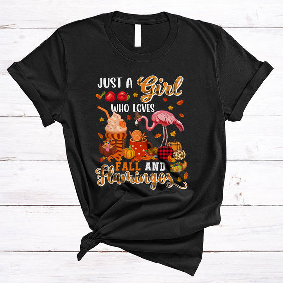 MacnyStore - Just A Girl Loves Fall And Flamingos, Awesome Thanksgiving Pumpkin Plaid, Fall Leaf Animal T-Shirt