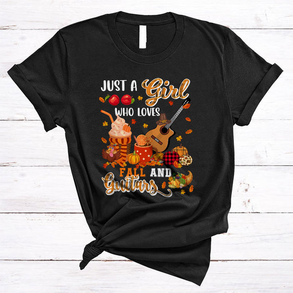 MacnyStore - Just A Girl Loves Fall And Guitars, Awesome Thanksgiving Pumpkin Plaid, Fall Leaf Animal T-Shirt