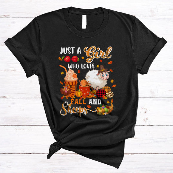 MacnyStore - Just A Girl Loves Fall And Sheeps, Awesome Thanksgiving Pumpkin Plaid, Fall Leaf Animal T-Shirt