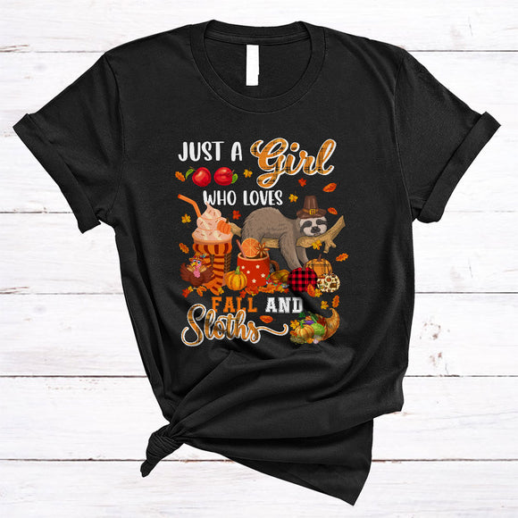 MacnyStore - Just A Girl Loves Fall And Sloths, Awesome Thanksgiving Pumpkin Plaid, Fall Leaf Animal T-Shirt