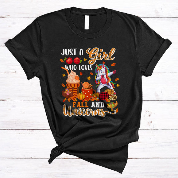 MacnyStore - Just A Girl Loves Fall And Unicorns, Awesome Thanksgiving Pumpkin Plaid, Fall Leaf Animal T-Shirt