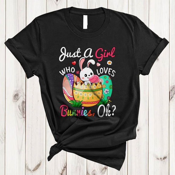 MacnyStore - Just A Girl Who Loves Bunnies, Colorful Easter Day Bunnies Bubble, Eggs Hunting Lover T-Shirt