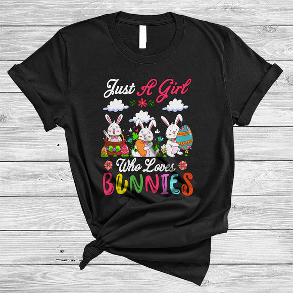 MacnyStore - Just A Girl Who Loves Bunnies, Colorful Easter Three Bunnies Carrot, Eggs Hunting Group T-Shirt