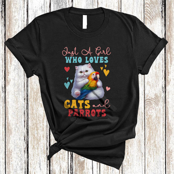 MacnyStore - Just A Girl Who Loves Cats And Parrots, Adorable Cat And Parrot Bird Owner, Family Group T-Shirt