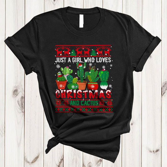 MacnyStore - Just A Girl Who Loves Christmas And Cactus, Amazing X-mas Sweater Snow, X-mas Farmer Lover T-Shirt