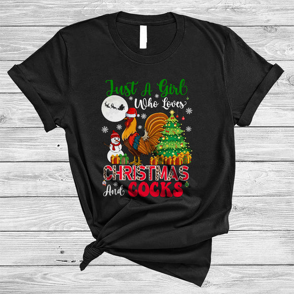 MacnyStore - Just A Girl Who Loves Christmas And Cocks, Humorous Leopard Santa Rooster, X-mas Farm Farmer T-Shirt