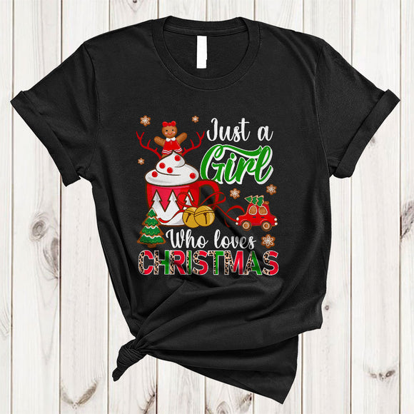 MacnyStore - Just A Girl Who Loves Christmas, Colorful Leopard Hot Cocoa Coffee, X-mas Gingerbread T-Shirt