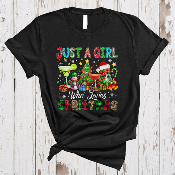MacnyStore - Just A Girl Who Loves Christmas, Colorful X-mas Tree Snowman Cocktail, Girls Women Family Group T-Shirt