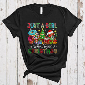 MacnyStore - Just A Girl Who Loves Christmas, Colorful X-mas Tree Snowman Donut, Girls Women Family Group T-Shirt