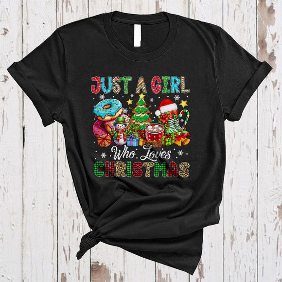 MacnyStore - Just A Girl Who Loves Christmas, Colorful X-mas Tree Snowman Donut, Girls Women Family Group T-Shirt