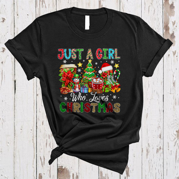 MacnyStore - Just A Girl Who Loves Christmas, Colorful X-mas Tree Snowman Hot Coffee, Girls Women Family Group T-Shirt
