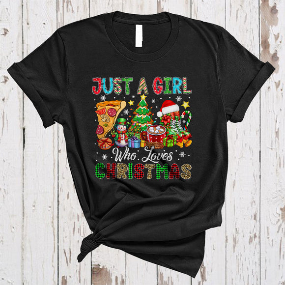 MacnyStore - Just A Girl Who Loves Christmas, Colorful X-mas Tree Snowman Pizza, Girls Women Family Group T-Shirt