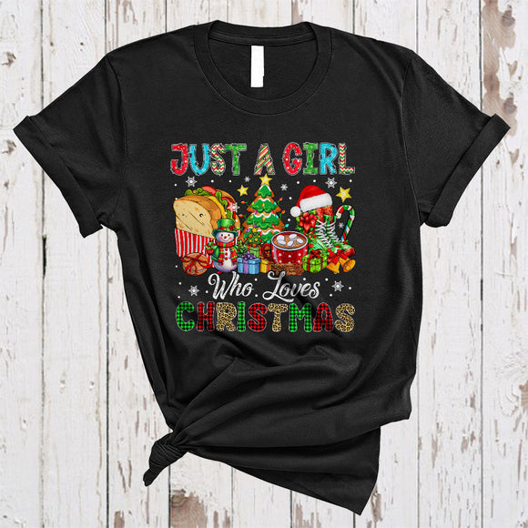 MacnyStore - Just A Girl Who Loves Christmas, Colorful X-mas Tree Snowman Sandwich, Girls Women Family Group T-Shirt