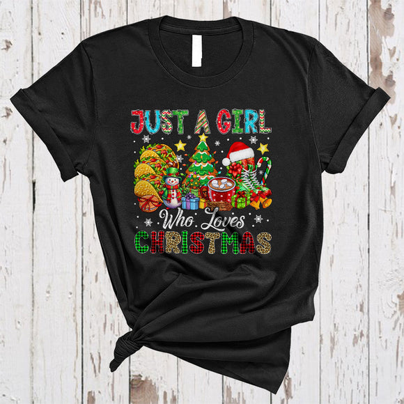 MacnyStore - Just A Girl Who Loves Christmas, Colorful X-mas Tree Snowman Taco, Girls Women Family Group T-Shirt